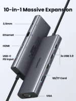 UGREEN 10 in 1 Type-C To 3*USB 3.0 A+HDMI+VGA+RJ45 Gigabit + SD/TF+AUX3.5mm+PD - CM498 - 15601 (1YW) - Image 3