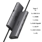 UGREEN 10 in 1 Type-C To 3*USB 3.0 A+HDMI+VGA+RJ45 Gigabit + SD/TF+AUX3.5mm+PD - CM498 - 15601 (1YW) - Image 9