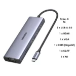 UGREEN 9 in 1 USB-C Multifunction Adapter Type-C to 3xUSB-A 3.0 HDMI VGA RJ45 (Gigabit) SD/TF PD - CM498 - 15600 - (1YW)