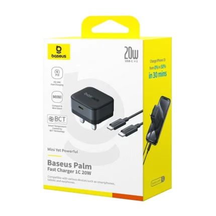 Baseus Palm 20W UK Pin Type-C Fast Charger with Type-c to Type-c 60W Cable- (6MW)